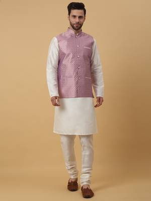 Men's Beige Kurta and Churidar With Sequenced Cotton Silk Nehru Jacket 1
