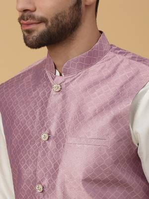 Men's Beige Kurta and Churidar With Sequenced Cotton Silk Nehru Jacket 2