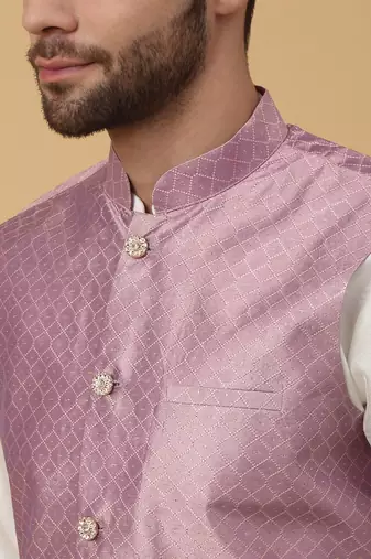 Men's Beige Kurta and Churidar With Sequenced Cotton Silk Nehru Jacket
