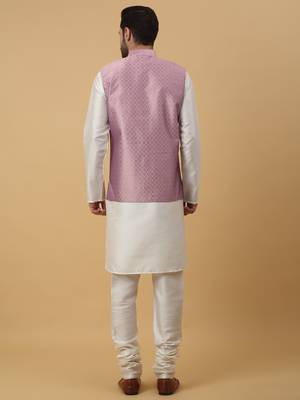 Men's Beige Kurta and Churidar With Sequenced Cotton Silk Nehru Jacket 3