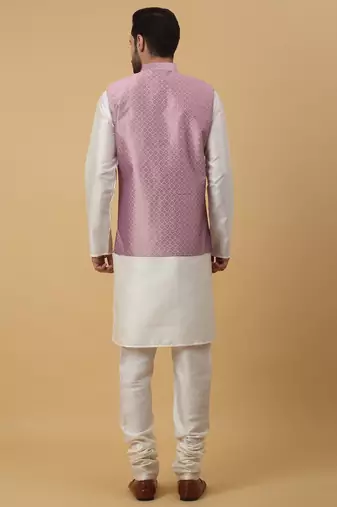 Men's Beige Kurta and Churidar With Sequenced Cotton Silk Nehru Jacket