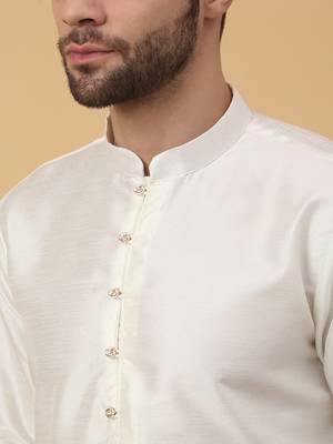 Men's Beige Kurta and Churidar With Sequenced Cotton Silk Nehru Jacket 5
