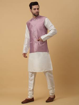 Men's Beige Kurta and Churidar With Sequenced Cotton Silk Nehru Jacket 6