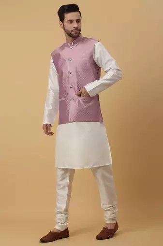 Men's Beige Kurta and Churidar With Sequenced Cotton Silk Nehru Jacket