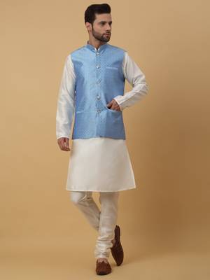 Men's Cream Kurta and Churidar With Sequenced Cotton Silk Nehru Jacket 1
