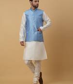 Men's Cream Kurta and Churidar With Sequenced Cotton Silk Nehru Jacket