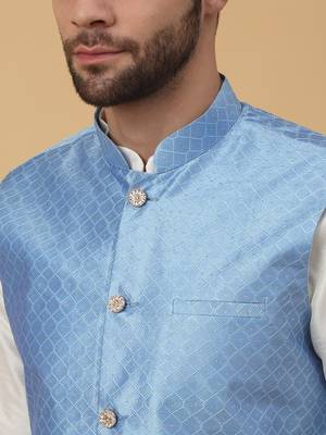 Men's Cream Kurta and Churidar With Sequenced Cotton Silk Nehru Jacket 2