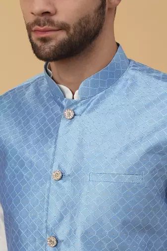 Men's Cream Kurta and Churidar With Sequenced Cotton Silk Nehru Jacket
