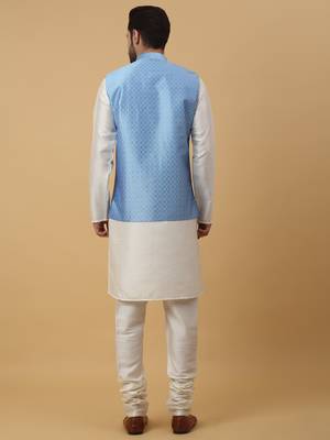 Men's Cream Kurta and Churidar With Sequenced Cotton Silk Nehru Jacket 3