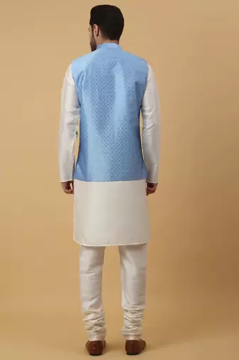 Men's Cream Kurta and Churidar With Sequenced Cotton Silk Nehru Jacket