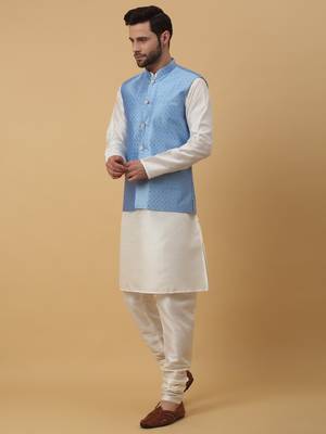 Men's Cream Kurta and Churidar With Sequenced Cotton Silk Nehru Jacket 6