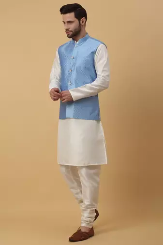 Men's Cream Kurta and Churidar With Sequenced Cotton Silk Nehru Jacket