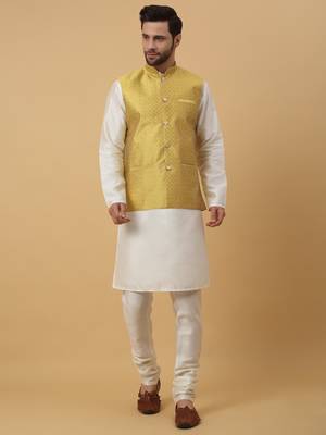 Men's Cream Kurta and Churidar With Sequenced Cotton Silk Nehru Jacket 1