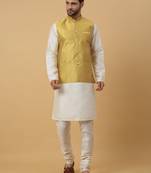Men's Cream Kurta and Churidar With Sequenced Cotton Silk Nehru Jacket