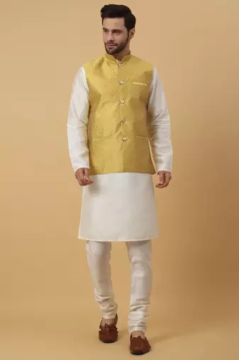 Men's Cream Kurta and Churidar With Sequenced Cotton Silk Nehru Jacket