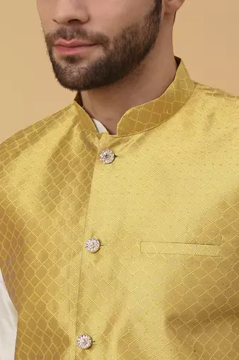 Men's Cream Kurta and Churidar With Sequenced Cotton Silk Nehru Jacket