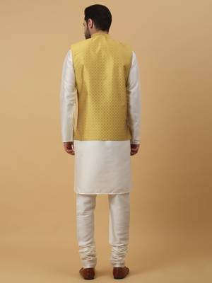 Men's Cream Kurta and Churidar With Sequenced Cotton Silk Nehru Jacket 4