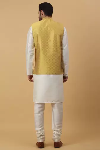 Men's Cream Kurta and Churidar With Sequenced Cotton Silk Nehru Jacket