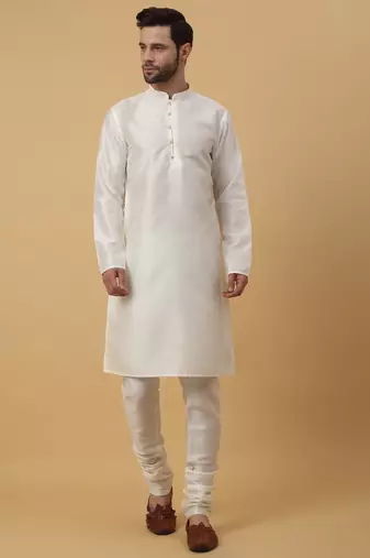 Men's Cream Kurta and Churidar With Sequenced Cotton Silk Nehru Jacket