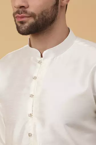 Men's Cream Kurta and Churidar With Sequenced Cotton Silk Nehru Jacket