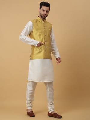 Men's Cream Kurta and Churidar With Sequenced Cotton Silk Nehru Jacket 7