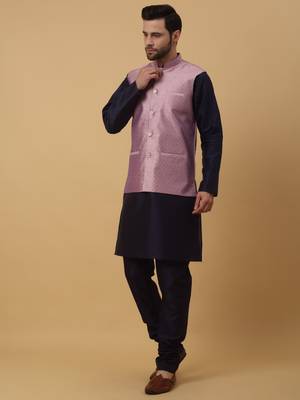 Men's Cream Kurta and Churidar With Sequenced Cotton Silk Nehru Jacket 1