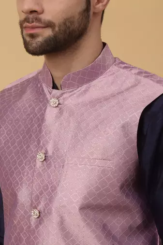 Men's Cream Kurta and Churidar With Sequenced Cotton Silk Nehru Jacket