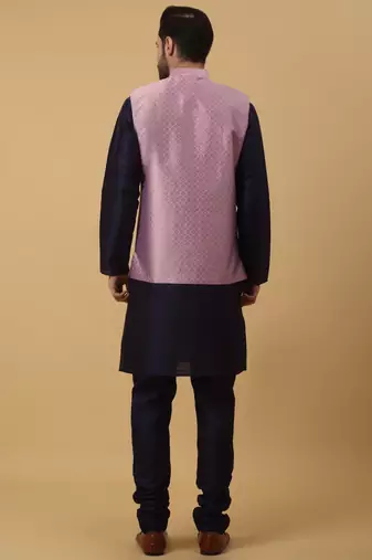 Men's Cream Kurta and Churidar With Sequenced Cotton Silk Nehru Jacket