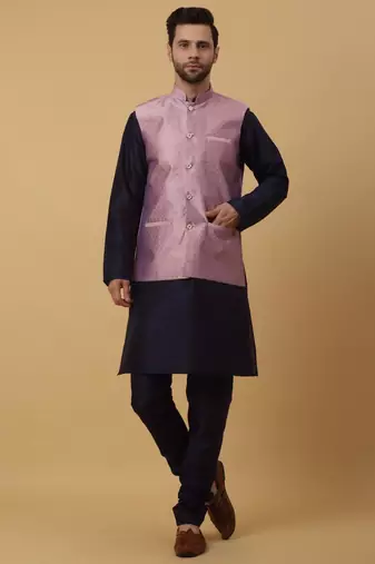 Men's Cream Kurta and Churidar With Sequenced Cotton Silk Nehru Jacket