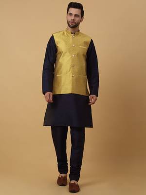 Men's Navy Blue Kurta and Churidar With Sequenced Cotton Silk Nehru Jacket 1