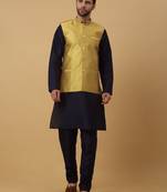 Men's Navy Blue Kurta and Churidar With Sequenced Cotton Silk Nehru Jacket