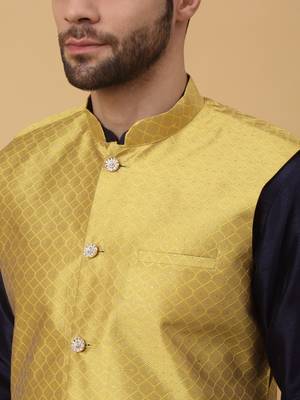 Men's Navy Blue Kurta and Churidar With Sequenced Cotton Silk Nehru Jacket 2