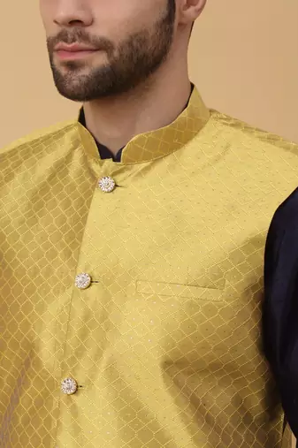Men's Navy Blue Kurta and Churidar With Sequenced Cotton Silk Nehru Jacket