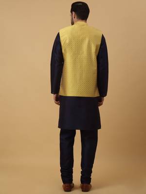 Men's Navy Blue Kurta and Churidar With Sequenced Cotton Silk Nehru Jacket 3