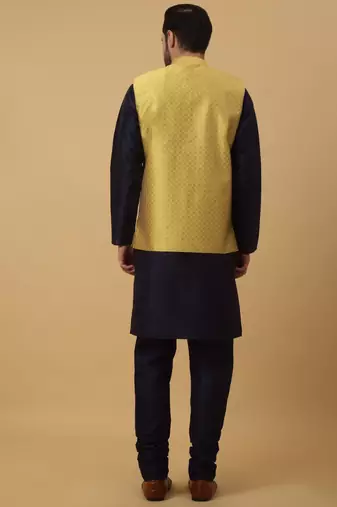 Men's Navy Blue Kurta and Churidar With Sequenced Cotton Silk Nehru Jacket