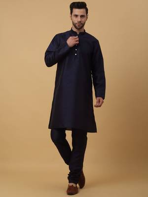 Men's Navy Blue Kurta and Churidar With Sequenced Cotton Silk Nehru Jacket 4