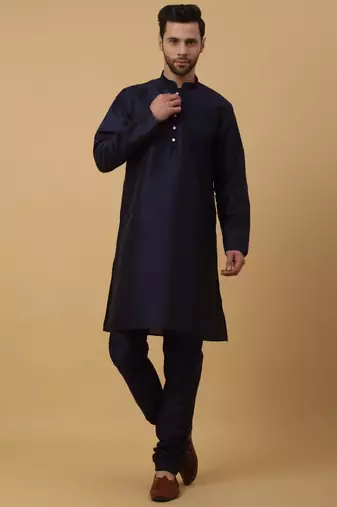 Men's Navy Blue Kurta and Churidar With Sequenced Cotton Silk Nehru Jacket