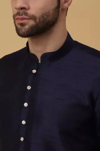 Men's Navy Blue Kurta and Churidar With Sequenced Cotton Silk Nehru Jacket