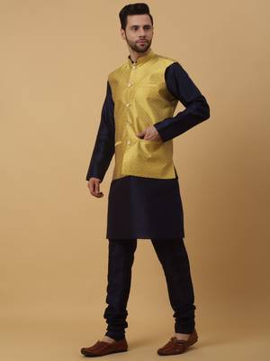 Men's Navy Blue Kurta and Churidar With Sequenced Cotton Silk Nehru Jacket 6