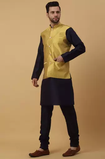 Men's Navy Blue Kurta and Churidar With Sequenced Cotton Silk Nehru Jacket