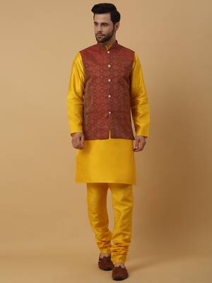 Men's Mustard Yellow Cotton Silk Kurta and Salwar With Sequenced Nehru Jacket 1
