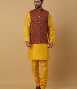 Men's Mustard Yellow Cotton Silk Kurta and Salwar With Sequenced Nehru Jacket