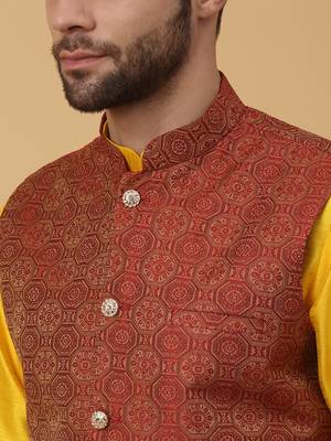 Men's Mustard Yellow Cotton Silk Kurta and Salwar With Sequenced Nehru Jacket 2
