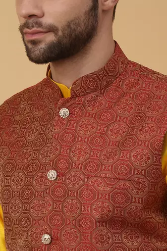 Men's Mustard Yellow Cotton Silk Kurta and Salwar With Sequenced Nehru Jacket