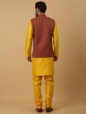 Men's Mustard Yellow Cotton Silk Kurta and Salwar With Sequenced Nehru Jacket 3
