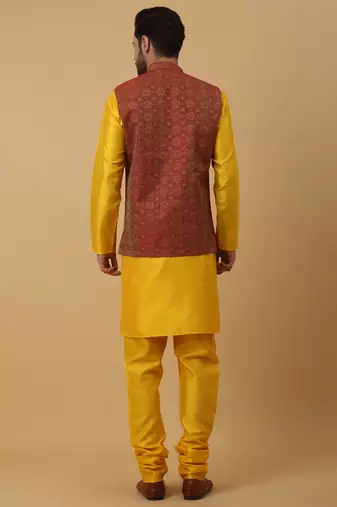 Men's Mustard Yellow Cotton Silk Kurta and Salwar With Sequenced Nehru Jacket
