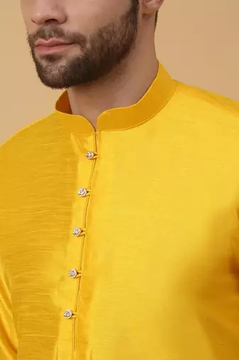 Men's Mustard Yellow Cotton Silk Kurta and Salwar With Sequenced Nehru Jacket