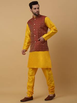 Men's Mustard Yellow Cotton Silk Kurta and Salwar With Sequenced Nehru Jacket 6