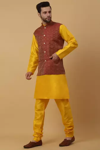 Men's Mustard Yellow Cotton Silk Kurta and Salwar With Sequenced Nehru Jacket