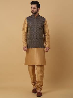 Men's Beige Kurta and Churidar With Sequenced Cotton Silk Nehru Jacket 1